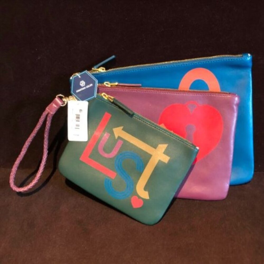 Johnathan Adler 3-Pack Love /Lust Wristlet Leather Handbags Blue/ Purple/ Multi